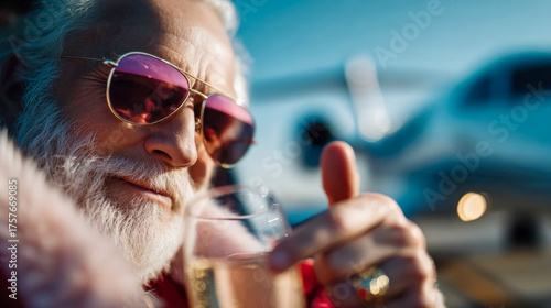Santa Claus holding a glass of champagne in front of a private jet, smiling and giving a thumbs up
