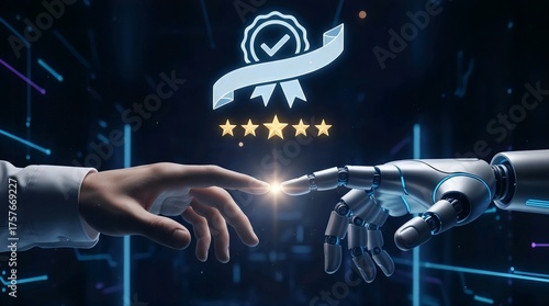 Human and ai hand with checkmark symbolizes certification or quality assurance, with five golden stars beneath it