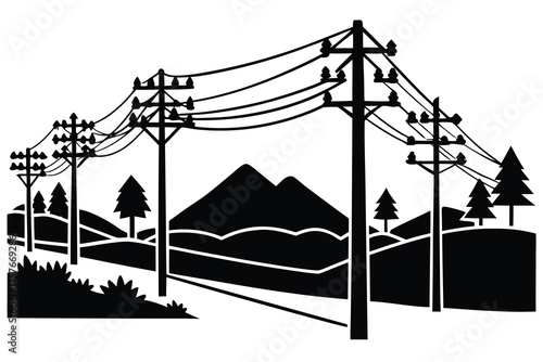 Silhouette of power lines and utility poles stretching across a rural landscape with mountains and trees
