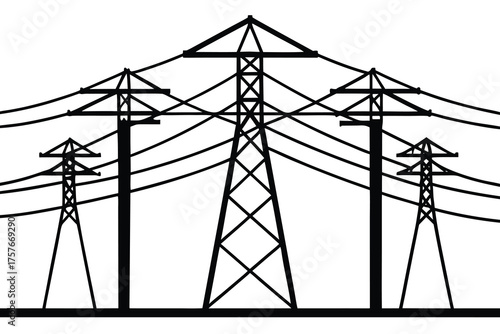 Symmetrical arrangement of tall electricity pylons with power lines against a white background
