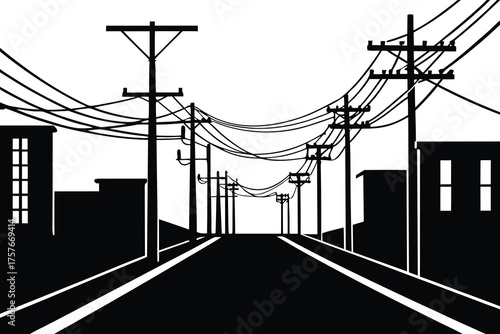 Black and white silhouette of a city street lined with buildings and overhead power lines stretching into the distance