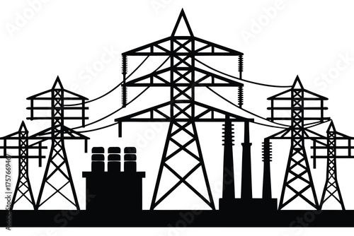 Silhouette of a power substation with transmission towers and electrical infrastructure against a white background
