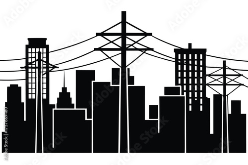 Silhouette of a modern city skyline with tall buildings and high voltage power lines against a white background