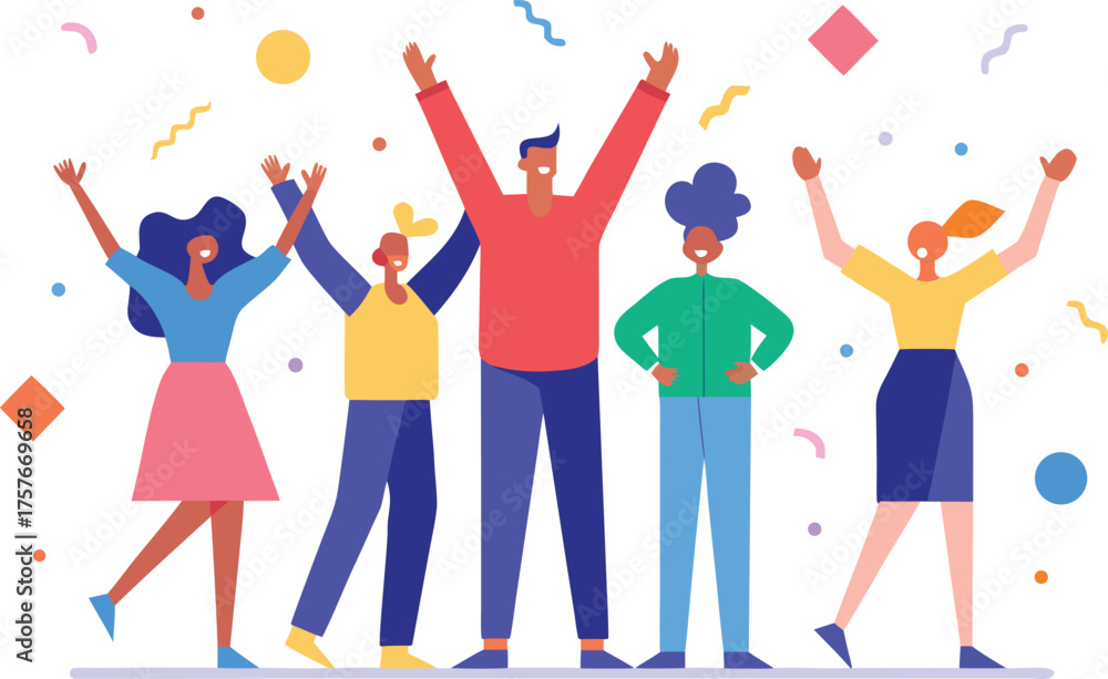 Obraz premium Diverse group of happy people celebrating with confetti and streamers in a vibrant on illustration