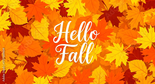 A bright greeting card featuring 'Hello Fall' text surrounded by scattered autumn leaves in warm colors like orange, yellow, and red.