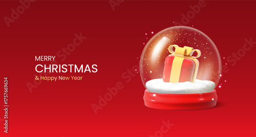 A glass Christmas snow globe with a gift box inside on a red background. A realistic poster with New Year's holidays and a 3D Christmas theme.