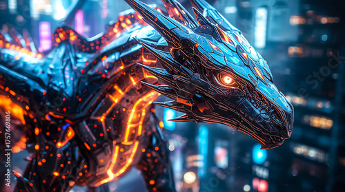 A high-tech cyber dragon with glowing neon lights, set against a futuristic city backdrop, radiating energy and power.