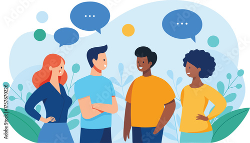 Diverse group of young adults communicating and sharing ideas with speech bubbles above their heads  on illustration