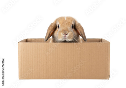 Adorable tan lop-eared rabbit in a cardboard box isolated PNG, cute bunny pet for animal lovers and design projects