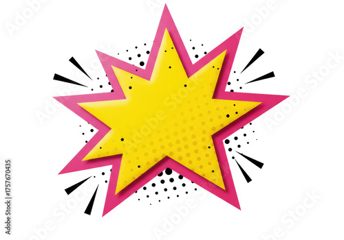 Yellow star with pink outline isolated PNG, comic book explosion graphic element for design and decoration on transparent background