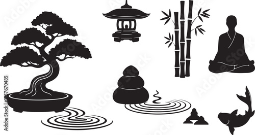 Serene japanese garden elements silhouette collection for peaceful ambiance vector