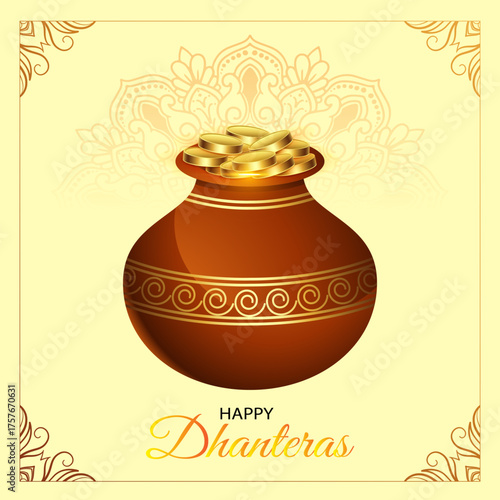 Happy Dhanteras festival card with gold coin pot design	