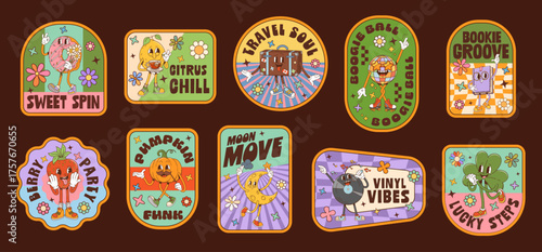 Retro groovy label stickers, funny hippie patches with funky characters, cartoon vector. Groovy stickers or patches with freaky disco ball, vinyl music vibes and donut or strawberry with happy face