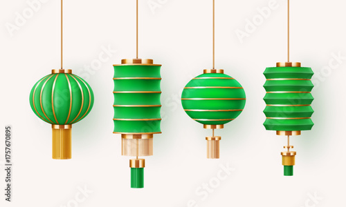 Realistic Chinese green silk or paper lanterns with gold accents. Traditional Chinese New Year decorations. A collection of 3D Chinese lamps.