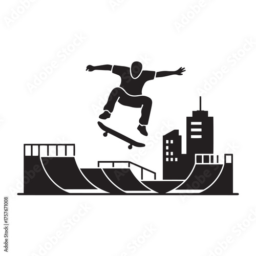 a boy is scating and there is buildings and etc vector illustration on white back ground