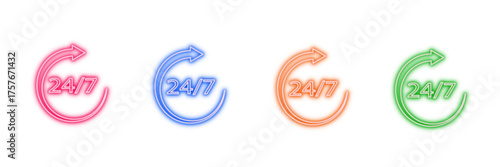 Neon glowing 24 7 service vector icons set, continuous support, availability, always open, bright digital design illustration on  transparent background.
