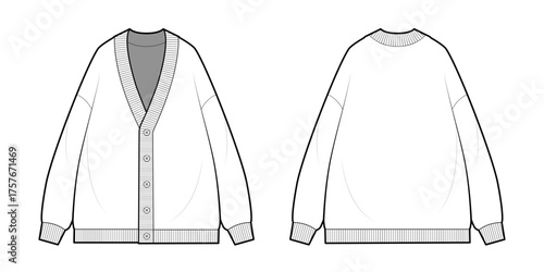 Oversized Knitted Cardigan Button Down V-neckline- Front and Back View- Flat Vector Illustration- CAD Mockup 