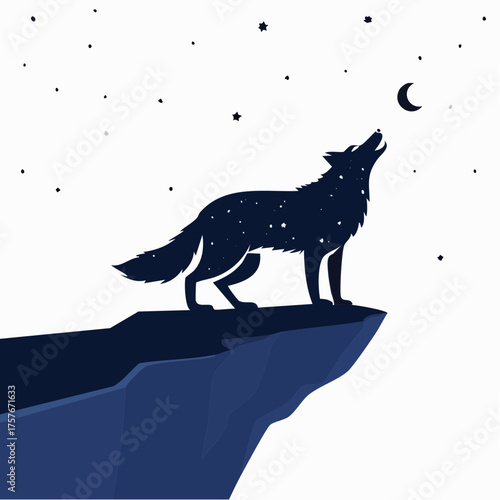 Howling wolf on cliff under moonlit sky