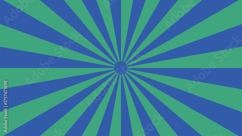 A dynamic, abstract background features a sunburst effect with radiating lines. Alternating stripes of deep blue and vibrant green create a striking visual pattern.