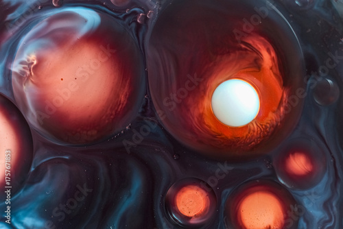 Macro photo of red and orange liquid bubbles floating in dark fluid. The glowing circular forms and smooth textures create a mysterious, cosmic effect resembling planets or cells under a microscope