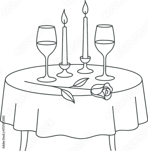 Elegant minimalist drawing of a romantic dinner table with candles glasses and a rose