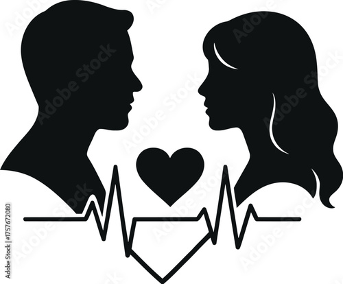 Romantic silhouetted couple connected by ekg heartbeat line symbolizing love