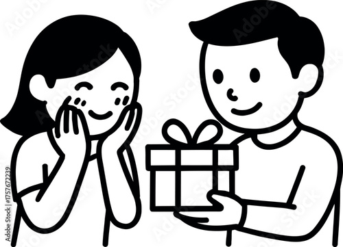 Boy gives gift to blushing girl minimalist romance vector illustration