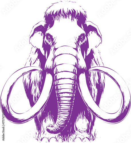 Purple Mammoth Tusked Elephant Head Line Art Illustration tusks prehistoric