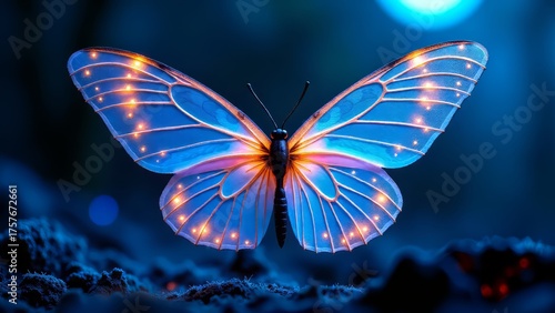 Glowing butterfly with translucent wings in dark garden