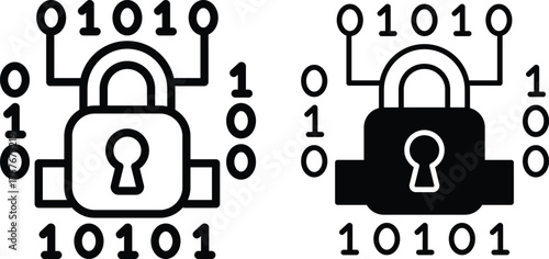 Editable Adobe Illustrator Artwork Cybersecurity Encryption Icons with Binary Code in Line and Solid Styles Two padlock icons with binary numbers representing data encryption, cybersecurity.