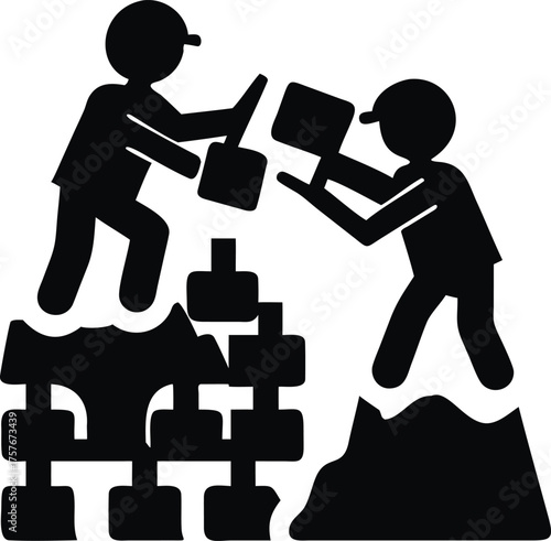 Children happily building a snow fort together in a simple line art style isolated on white background isolated on transparent background