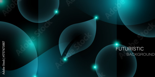 Shiny neon geometric abstract background. Glowing lights on round shapes, triangles and circles. Wallpaper for concept of AI technology, blockchain, communication, 5G, science, business