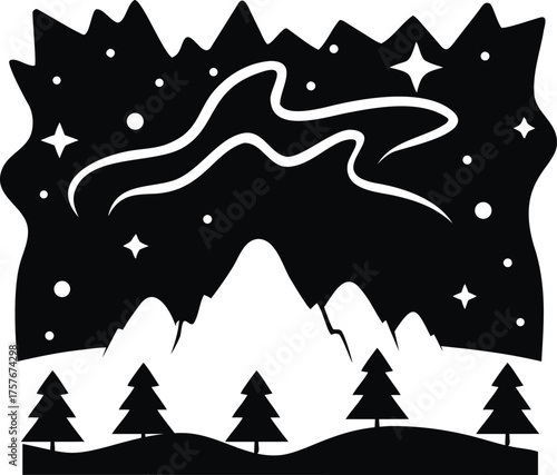 Aurora borealis illuminating a snowy mountain range silhouette under a starry night sky isolated on white background isolated on transparent background