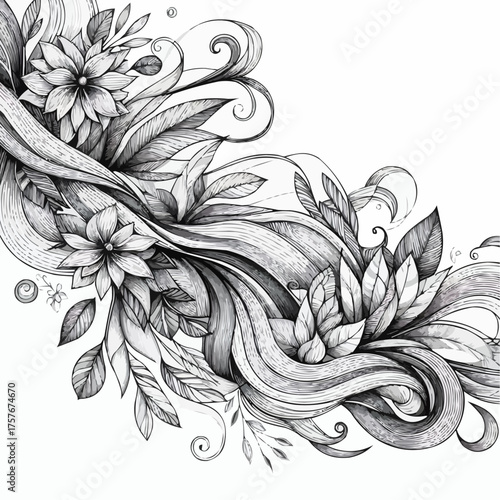 Vector illustration of flowing floral patterns with lotus flowers in a detailed monochrome design