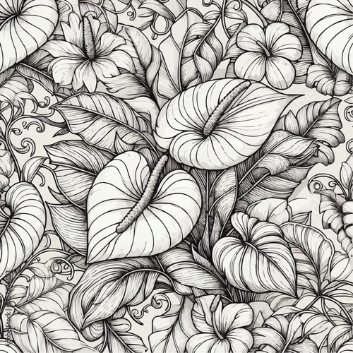 Vector illustration of tropical flowers and heart-shaped leaves in a detailed monochrome pattern