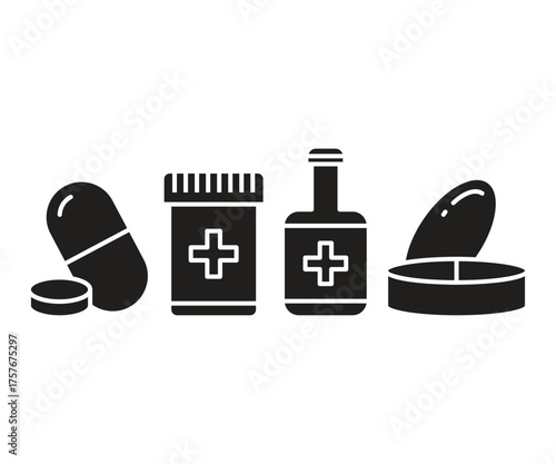 medicine pill and bottle icons set
