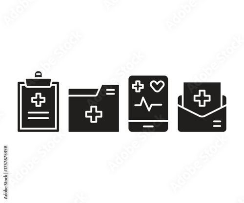 medical record and medical report icons set