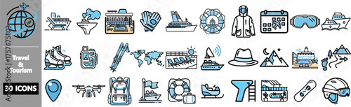 A collection of 30 blue and black line icons representing various travel and tourism concepts, including transportation, winter sports, and vacation items.
