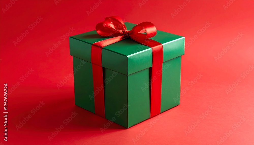 Fototapeta premium A green gift box tied with a red ribbon sits on a red background