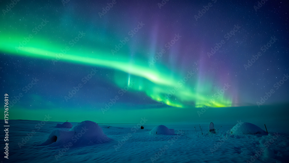 Naklejka premium Arctic Night Aurora Borealis Igloo Village: Captivating Northern Lights Display Over Snow Covered Arctic Landscape
