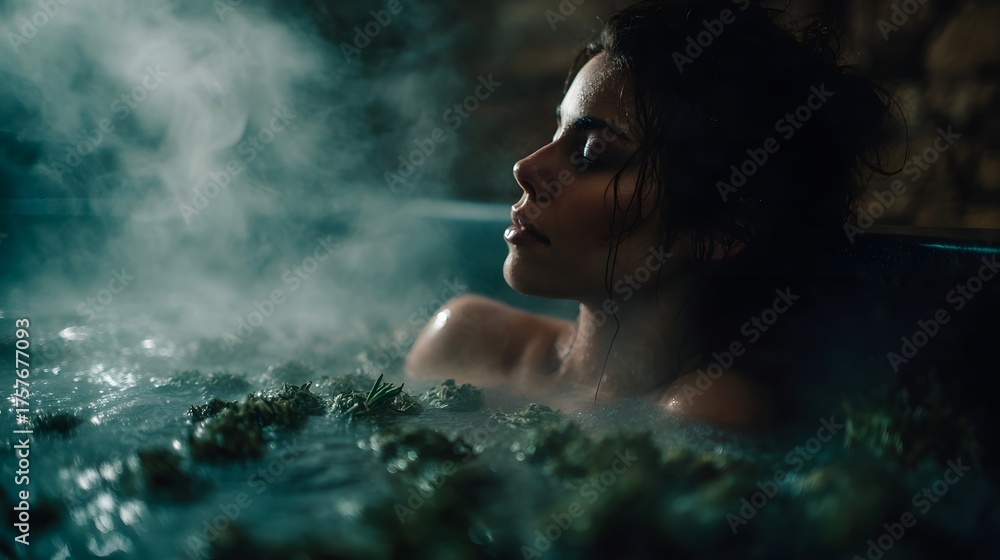 Fototapeta premium A woman with eyes closed luxuriates in a steamy herb infused hot tub embodying deep relaxation and tranquil self care