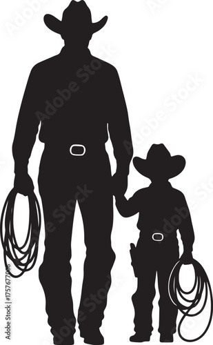Cowboy father and son silhouettes holding ropes on white background child family on transparent background