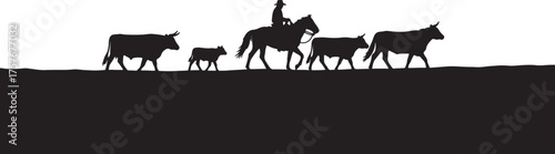 Cowboy Herding Cattle Silhouette ranch farm on transparent background