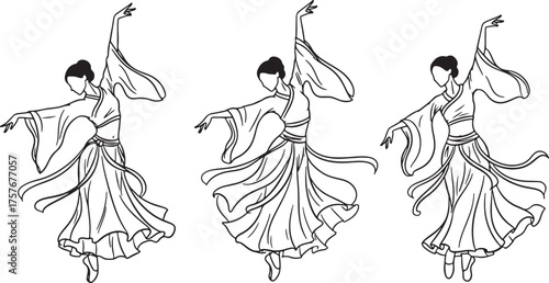 Line art illustration of three dancers in flowing traditional attire dancing costume on transparent background