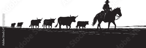 Silhouette of a cowboy herding cattle across a landscape on a white background horse calf on transparent background