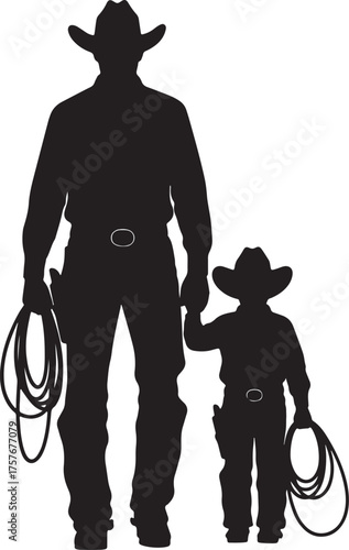 Silhouette of a Cowboy Father and Son Holding Hands and Ropes on White Background western on transparent background