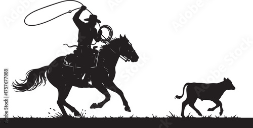 Silhouette of a cowboy lassoing a calf from horseback on a white background rope on transparent background