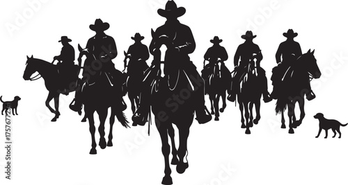 Silhouette of cowboys riding horses with dogs on a white background western on transparent background