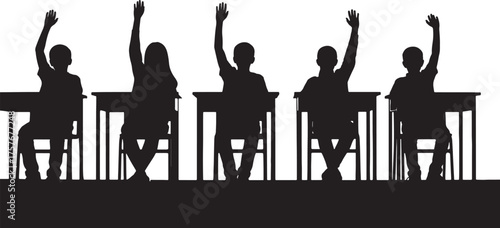 Silhouette of five students raising hands in a classroom at desks school education on transparent background