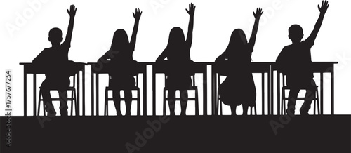 Silhouette of five students raising hands in a classroom at desks school education on transparent background